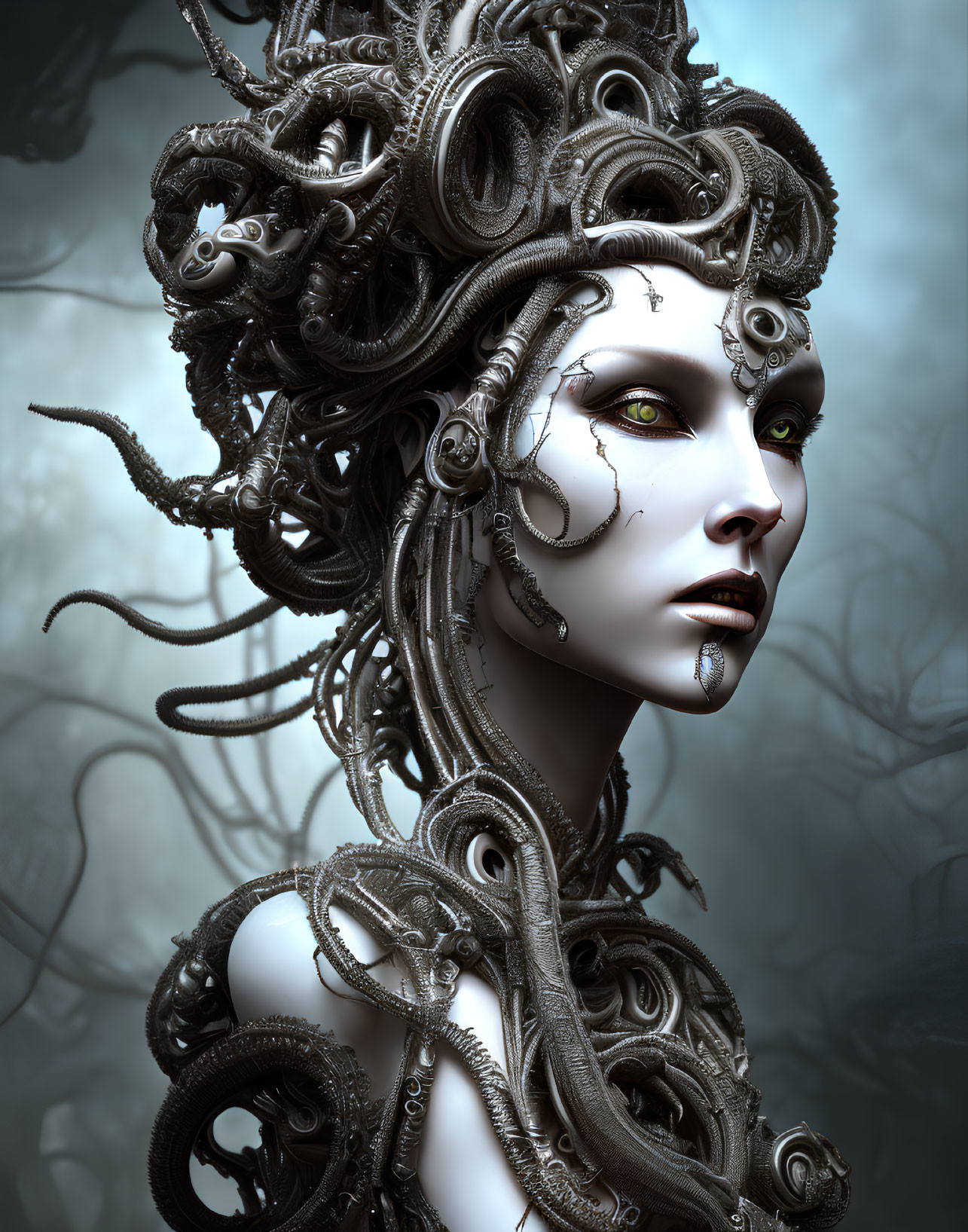 Intricate humanoid figure with mechanical snake hair and green eyes