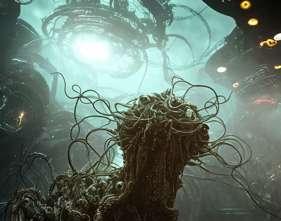 Eerie Underwater Scene with Techno-Organic Octopus Creature