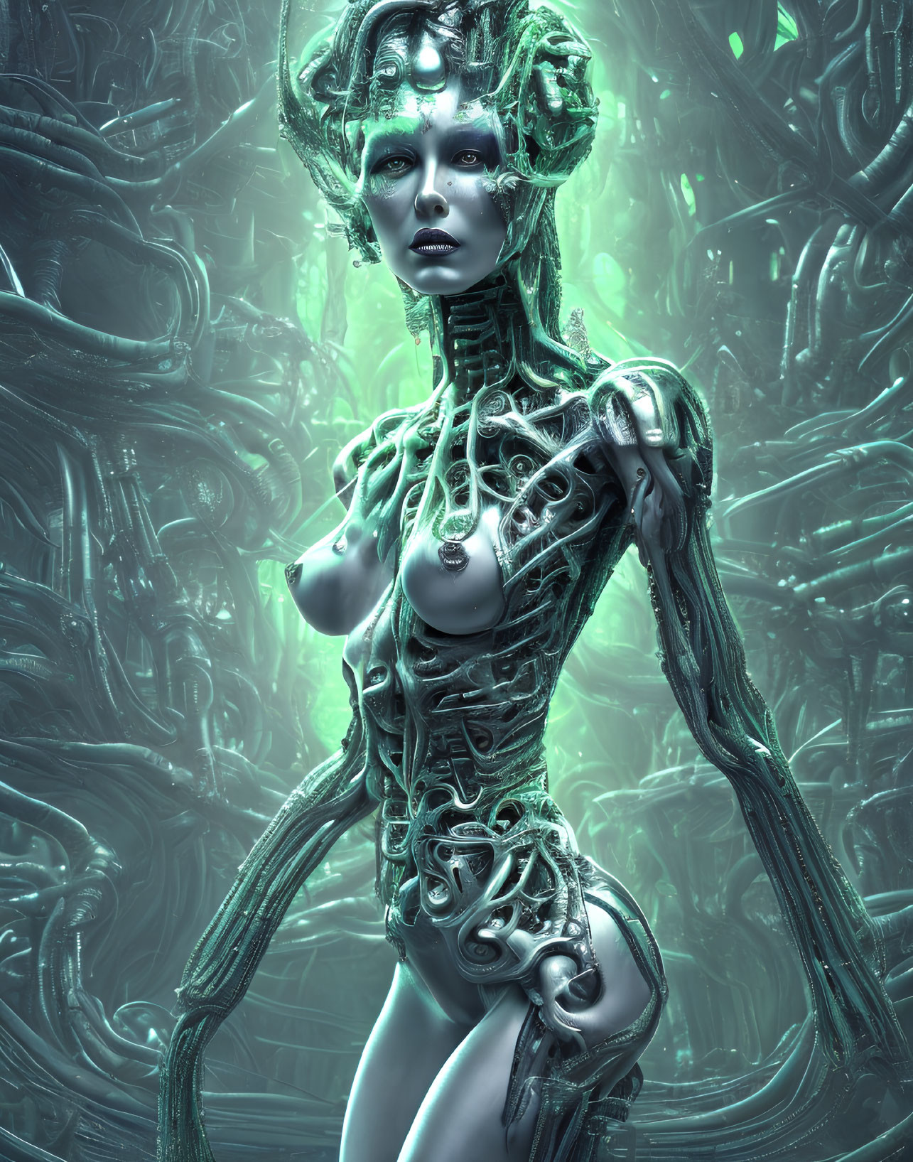 Silver humanoid with cyborg enhancements in futuristic setting.