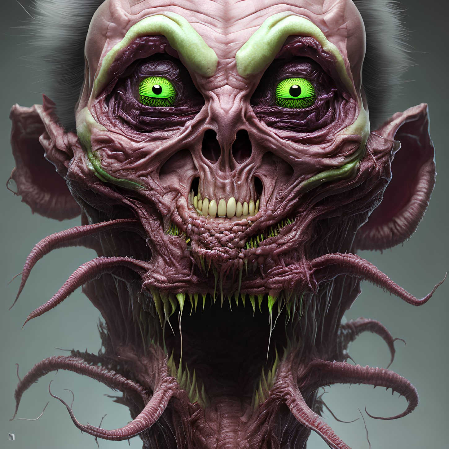 Fantastical creature with green eyes, purple skin, pointy ears, and tentacles.