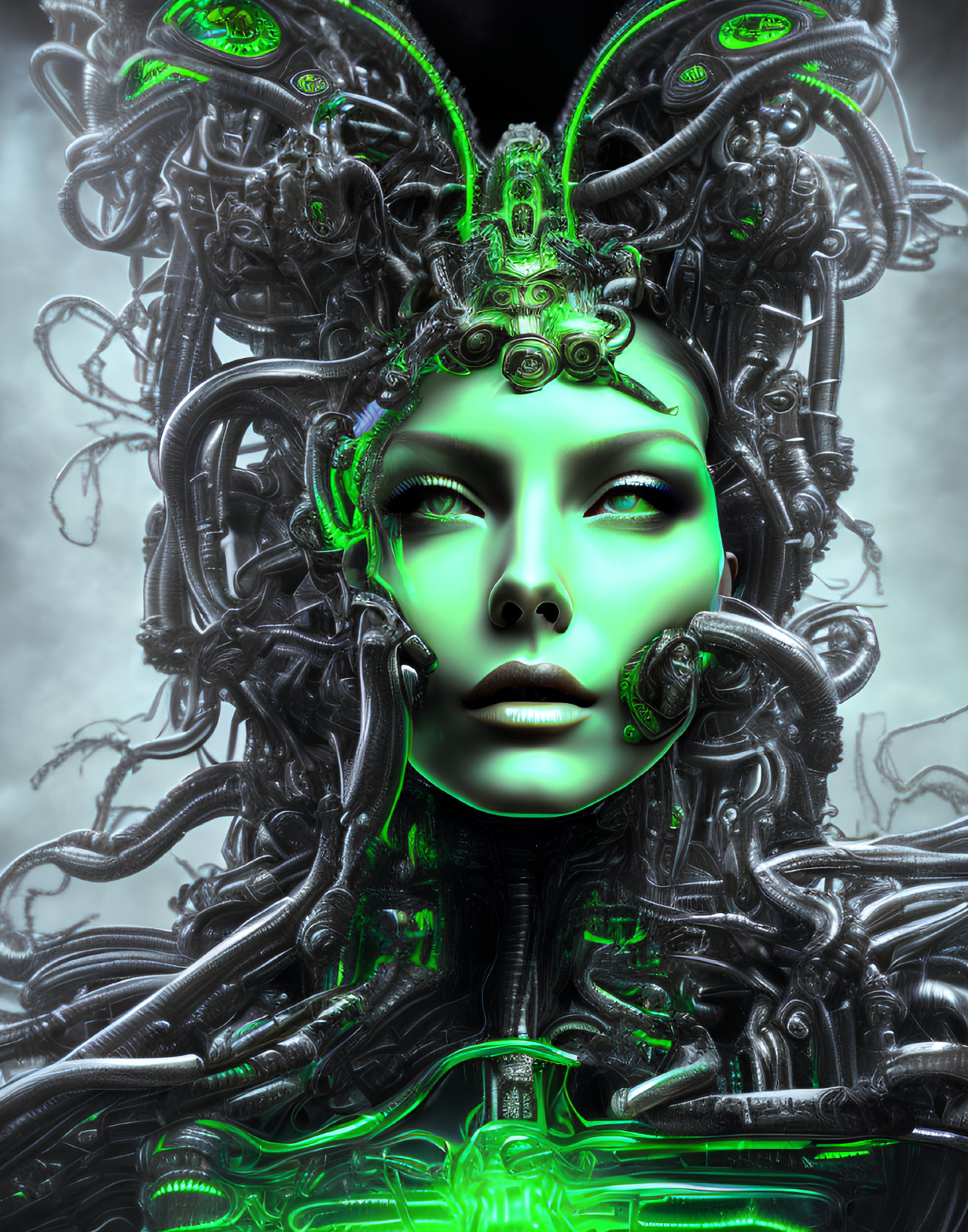 Futuristic Woman with Green Complexion and Alien-Like Robotic Headgear