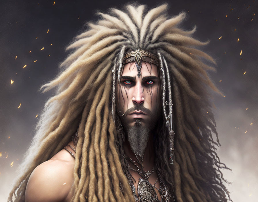 Intense man with tribal jewelry and dreadlocks in fiery ambiance