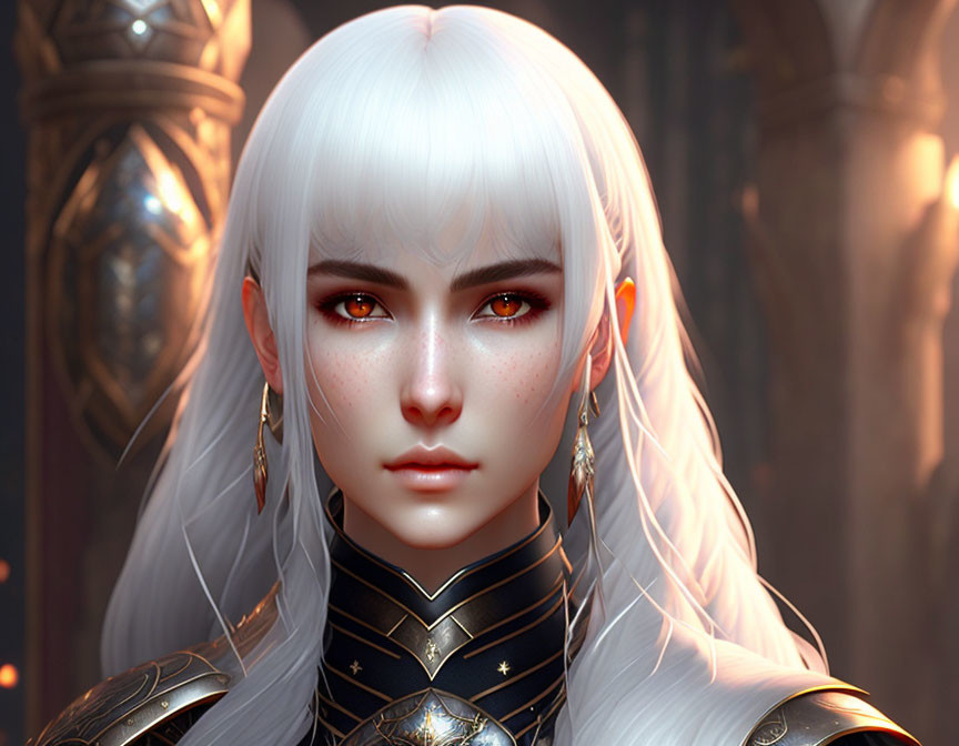 Digital art portrait of female character with white hair, red eyes, freckles, ornate armor