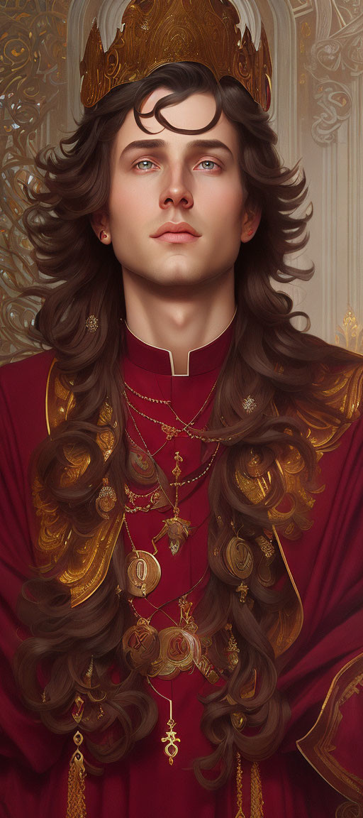 Regal man with long hair in crown and ornate red robes