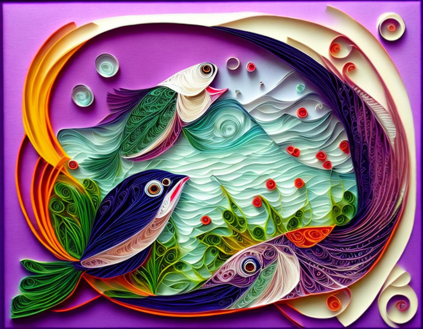 Colorful Paper Quilling Artwork of Fish Swimming in Waves