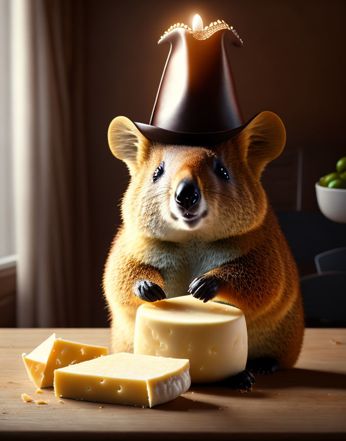 Quokka in cowboy hat with cheese at table