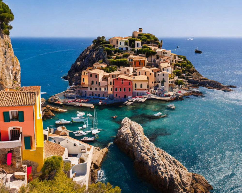 Colorful coastal village on peninsula with anchored boats in clear blue sea