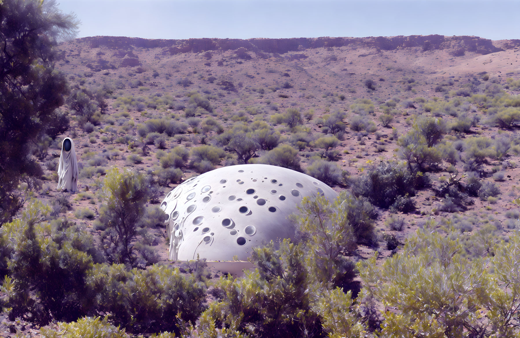 Futuristic dome structure and rocket in desert landscape