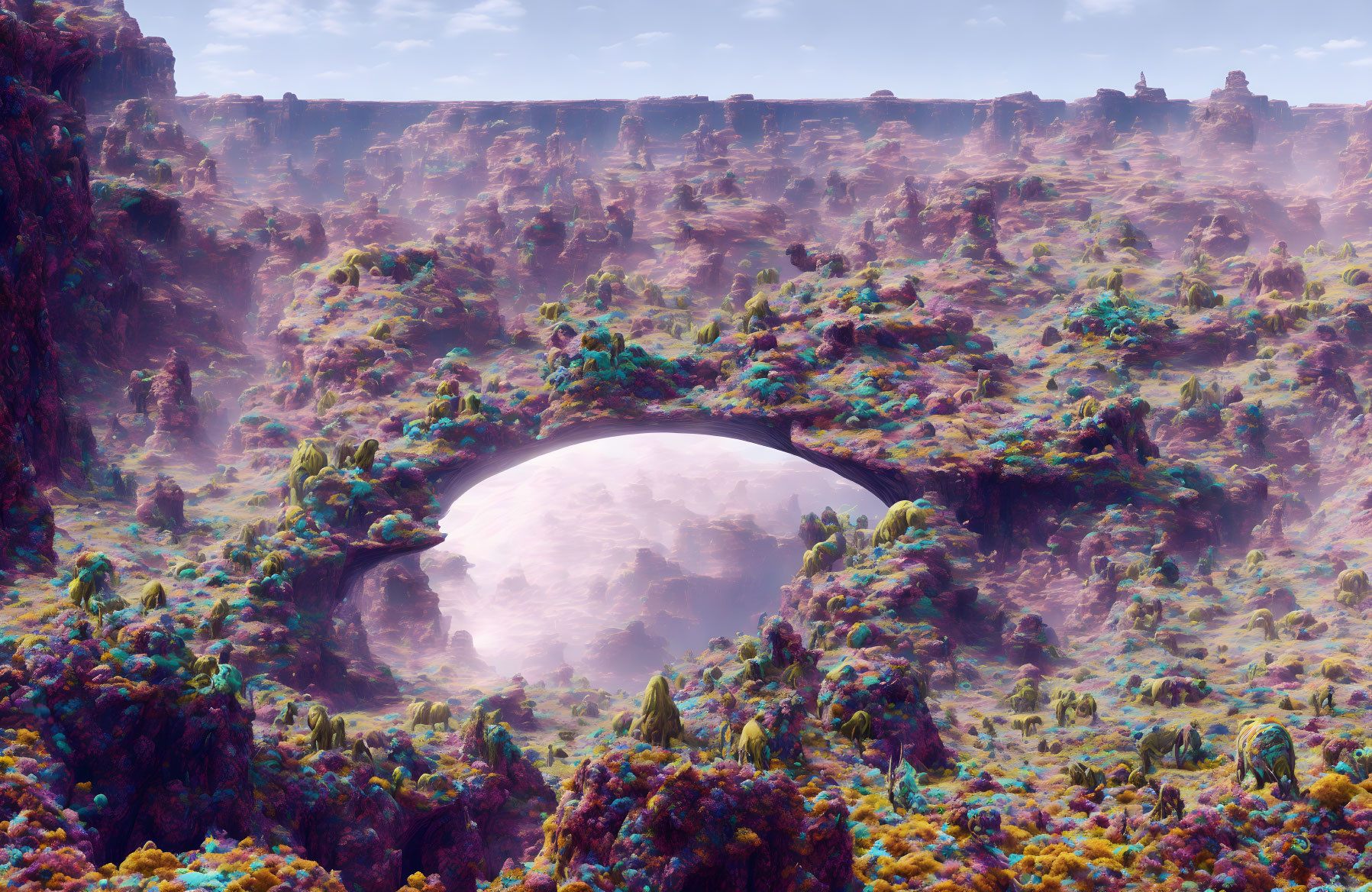 Colorful landscape with large moon rising under natural archway.