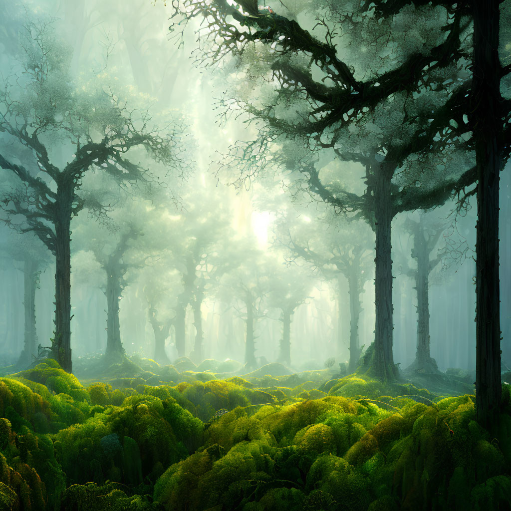 Mystical Green Forest with Sunbeams and Majestic Trees