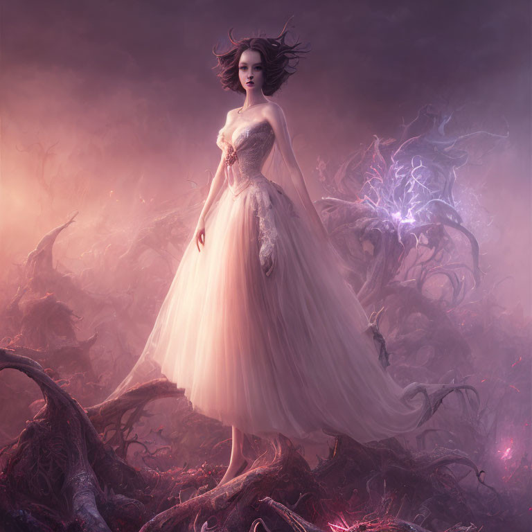 Mysterious woman in pink gown in dark, mystical forest