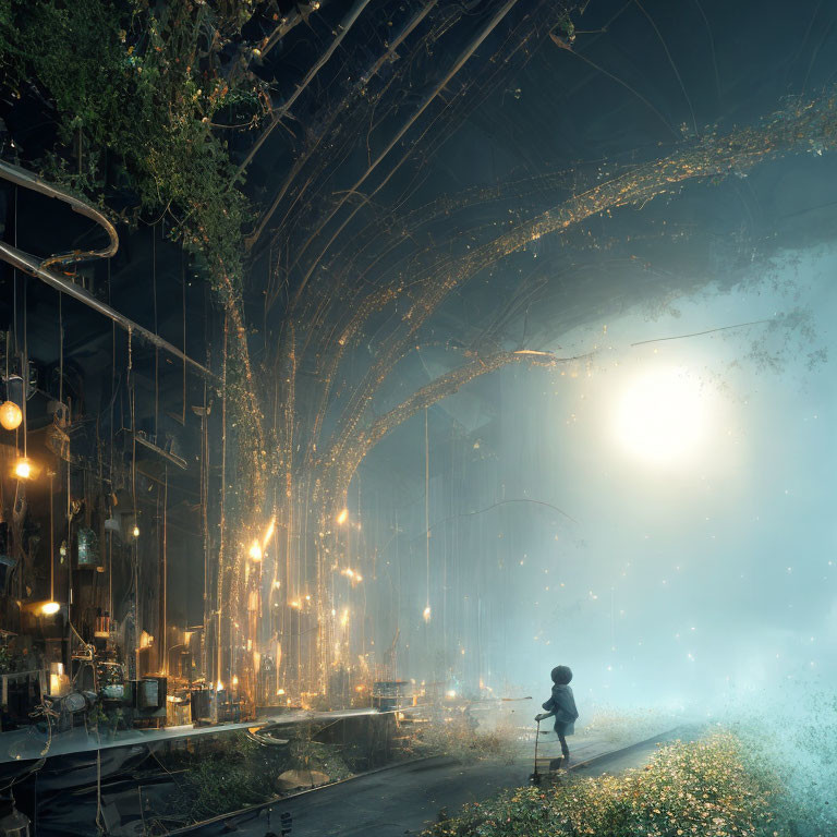 Ethereal overgrown industrial interior with solitary figure