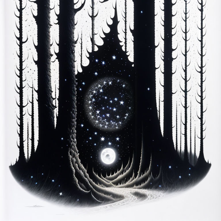 Monochrome artwork of starry night sky through tall trees