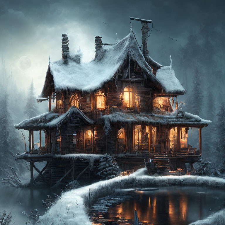 Rustic wooden house by frozen pond in wintry forest at twilight