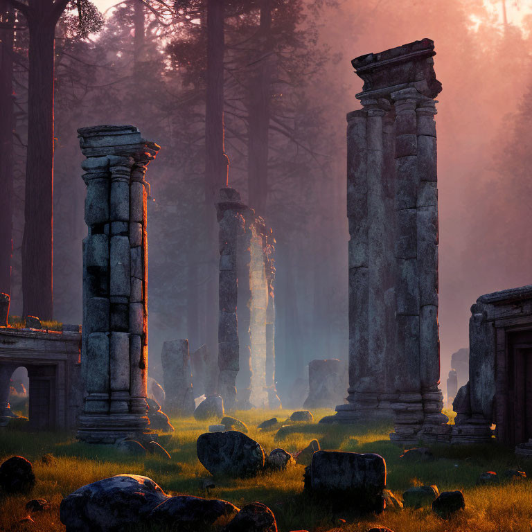 Misty forest scene with ancient stone columns in warm sunlight