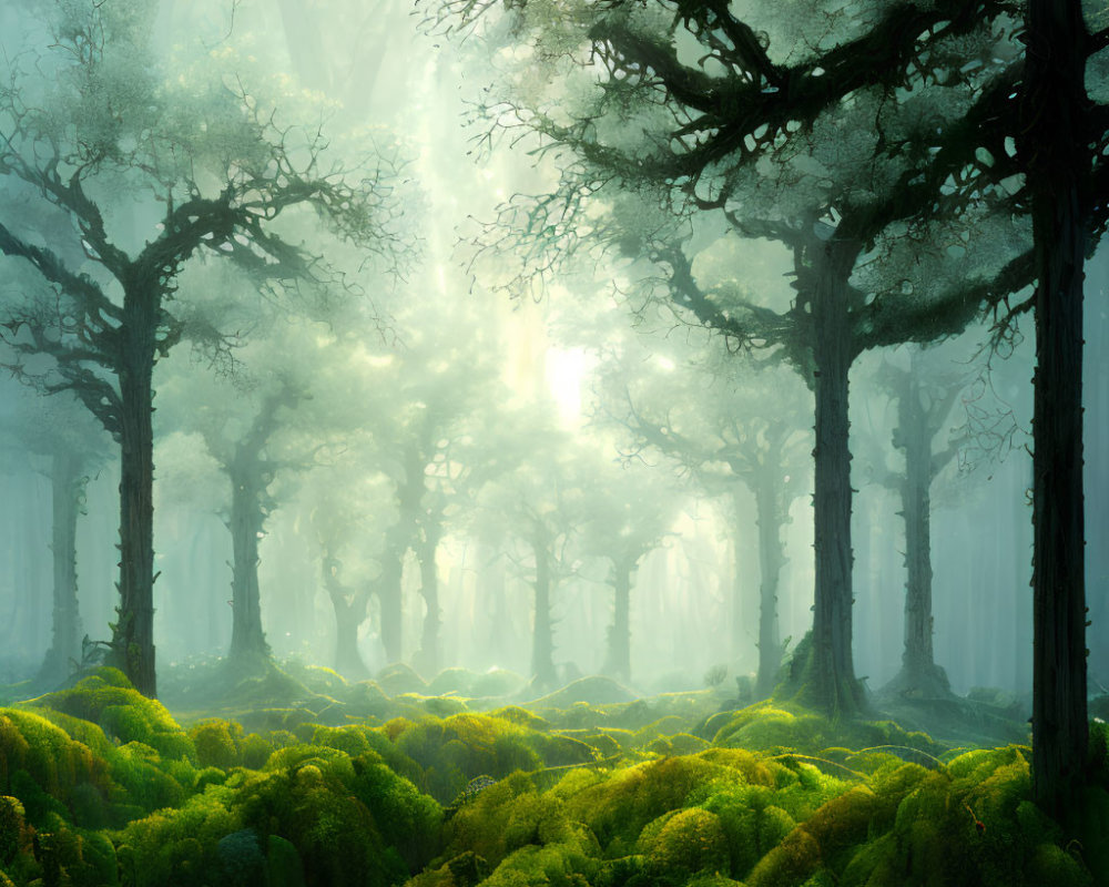 Mystical Green Forest with Sunbeams and Majestic Trees