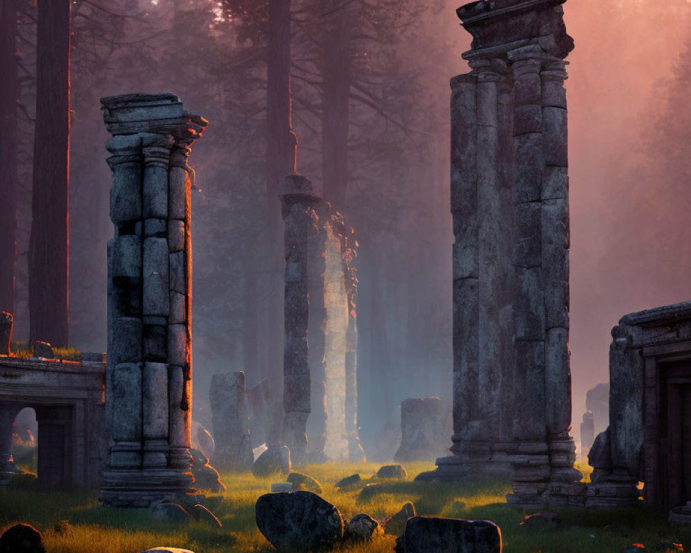 Misty forest scene with ancient stone columns in warm sunlight