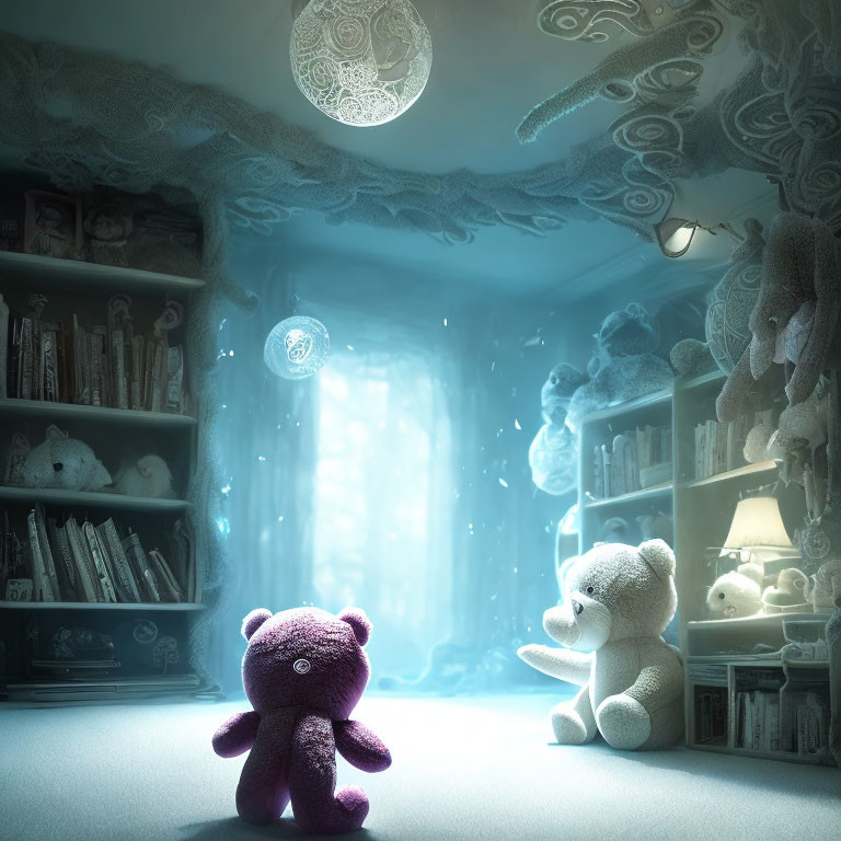 Enchanting Room with Teddy Bears, Toys, Moon, and Symbols