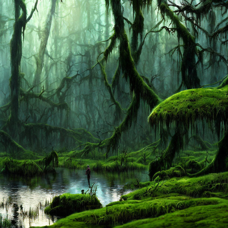 Serene swamp scene with mossy trees under misty green sky