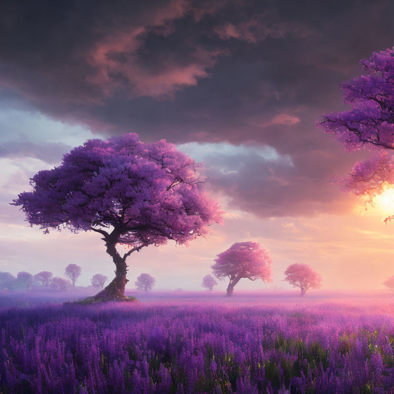 Vibrant purple trees and lavender fields under dramatic sky