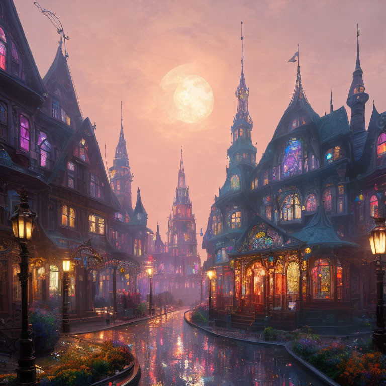 Fantastical cityscape at dusk with intricate illuminated buildings under a large moon in purple and orange sky