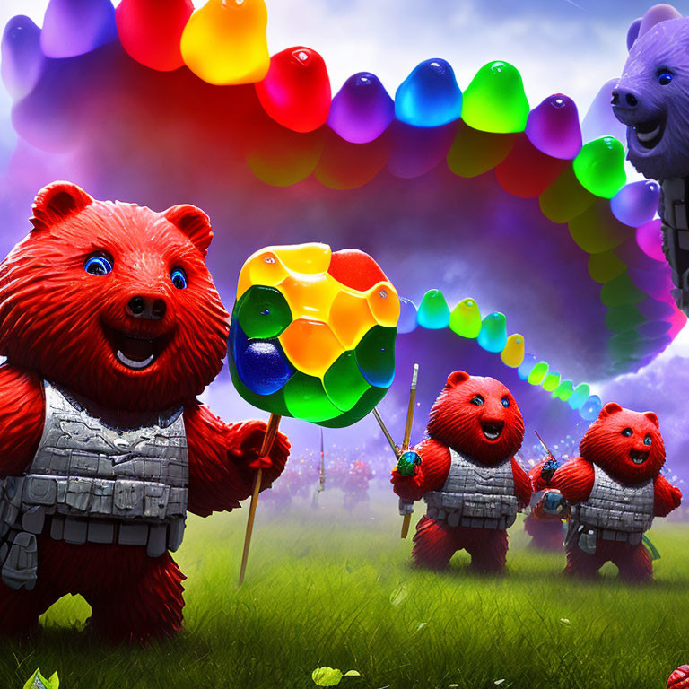 Vibrant 3D Bear Characters in Armor and Weapons in Colorful Landscape