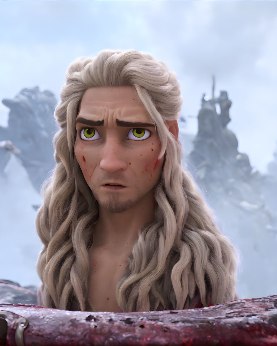 Male character with long white hair, yellow eyes, and red speckles in misty rocky setting