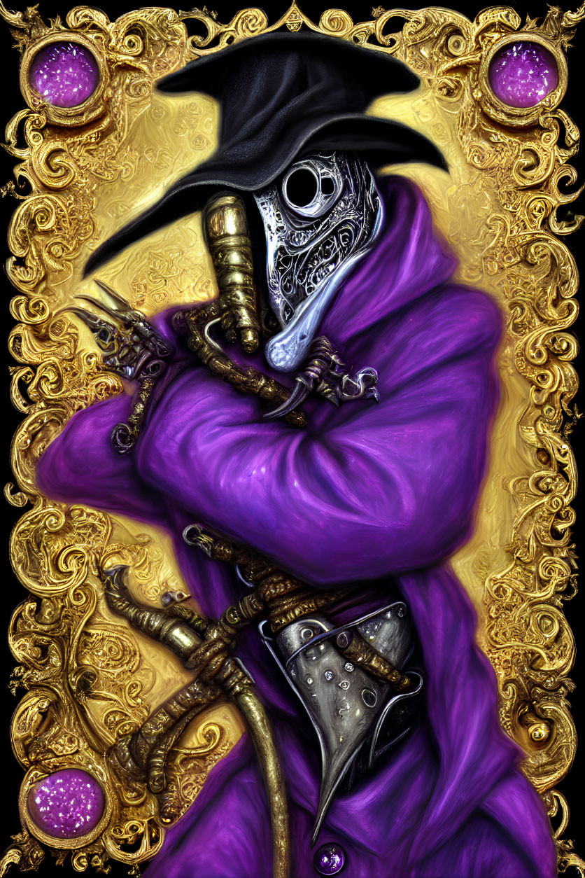 Ornate plague doctor illustration in purple robe and beaked mask