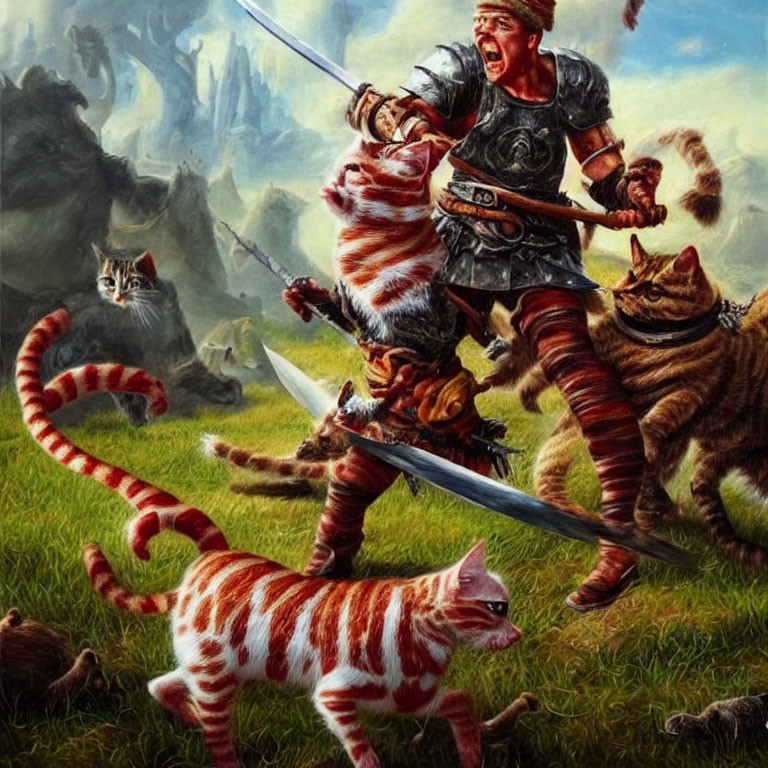 Warrior in battle surrounded by fierce striped cats in grassy landscape