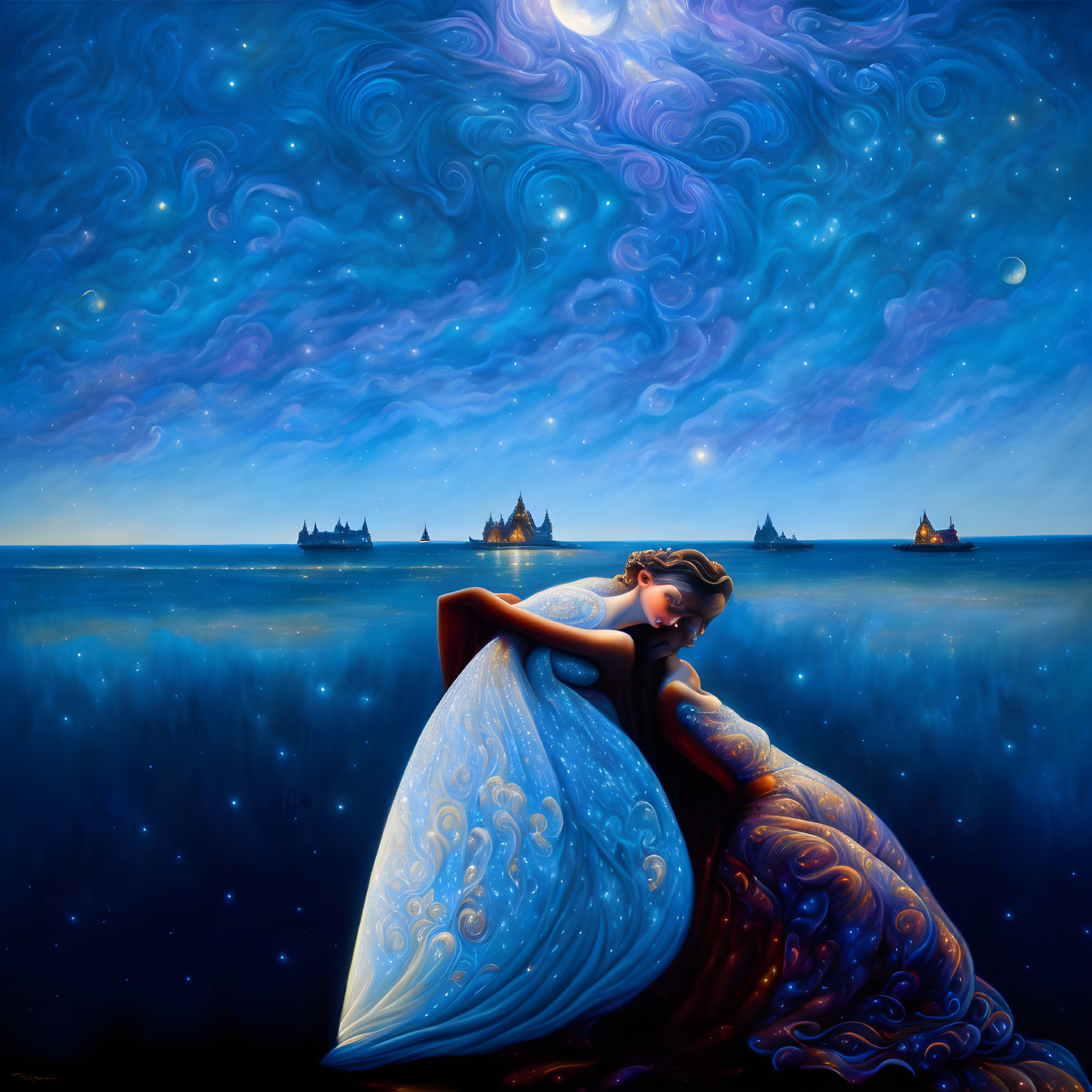 Elaborate blue gown woman under starry sky and ships on water