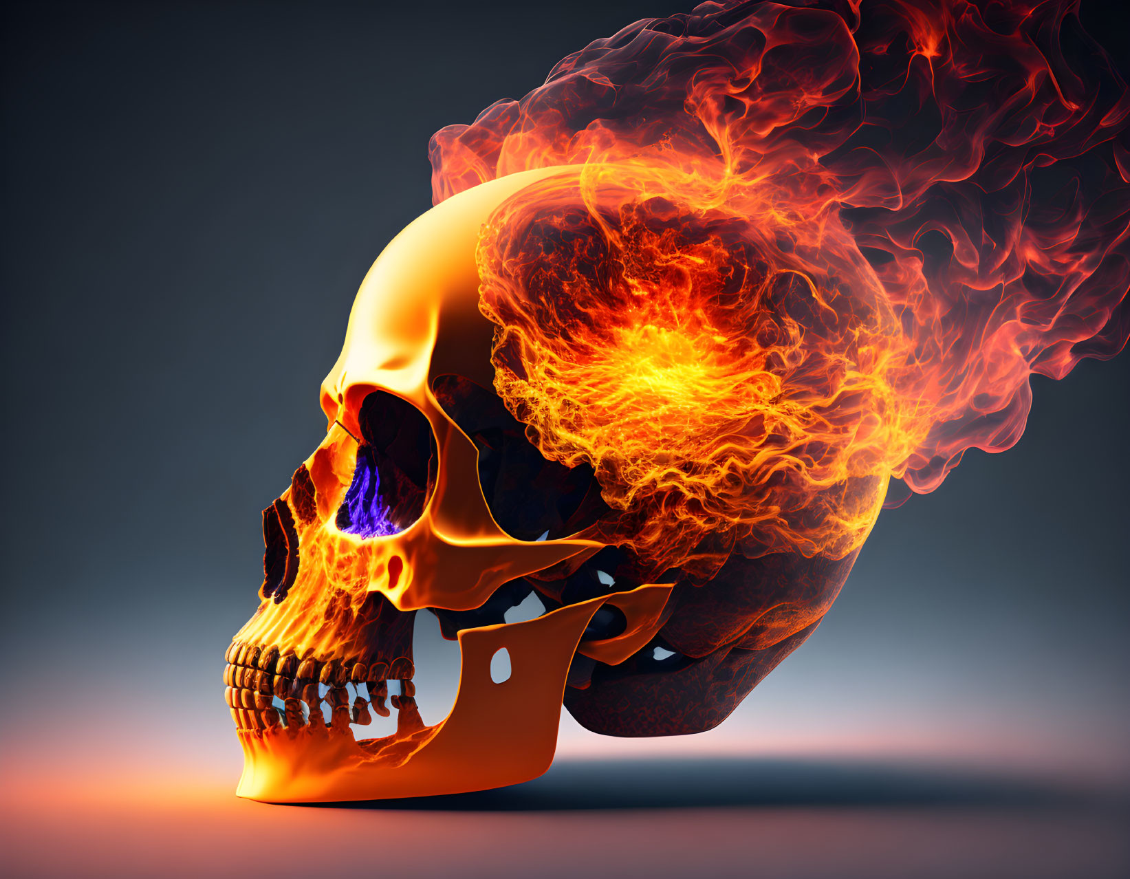 3D human skull engulfed in flames and smoke on dark background