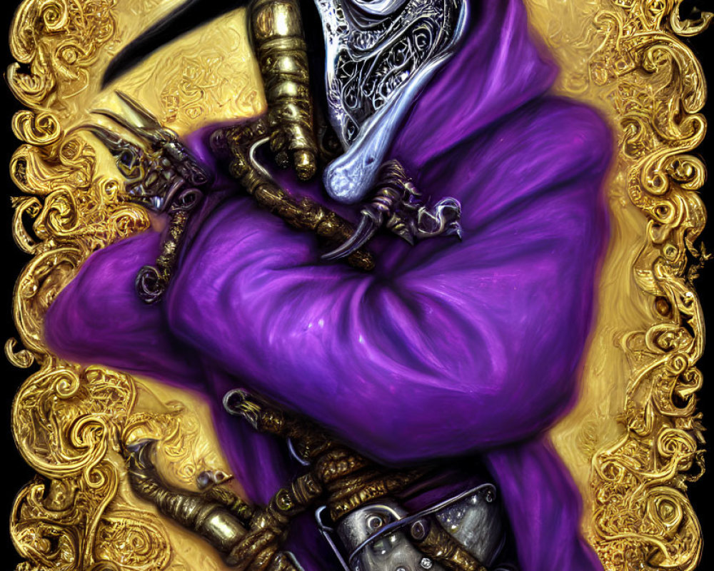 Ornate plague doctor illustration in purple robe and beaked mask