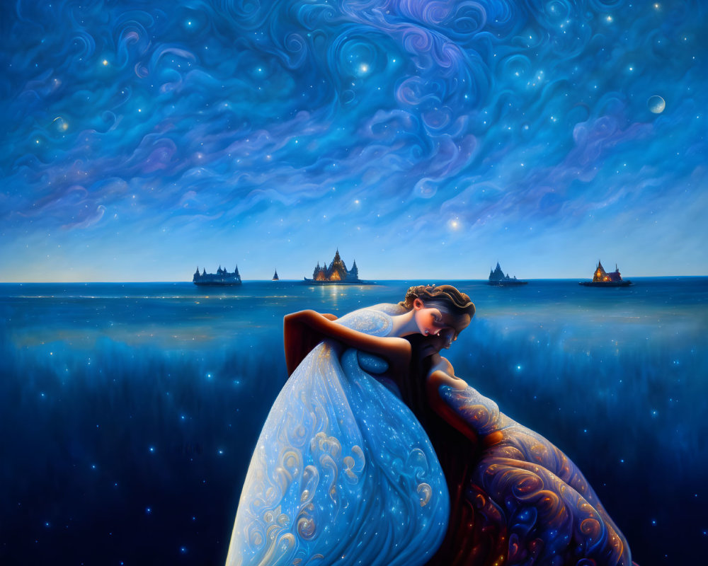 Elaborate blue gown woman under starry sky and ships on water