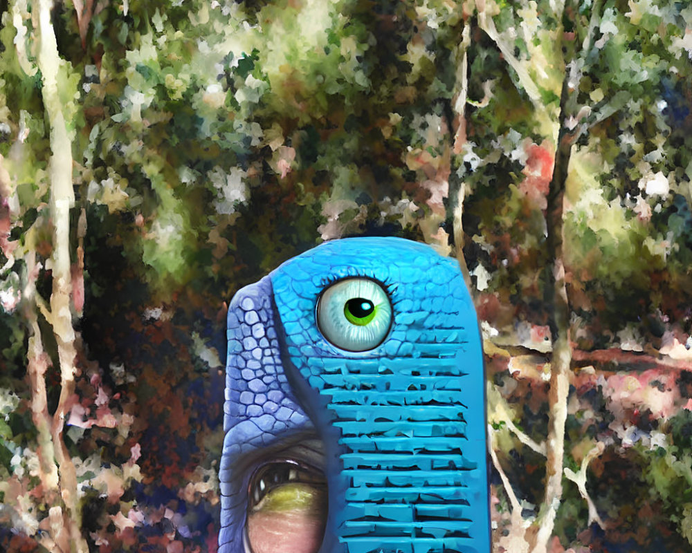 Vibrant blue creature with large green eye in colorful forest