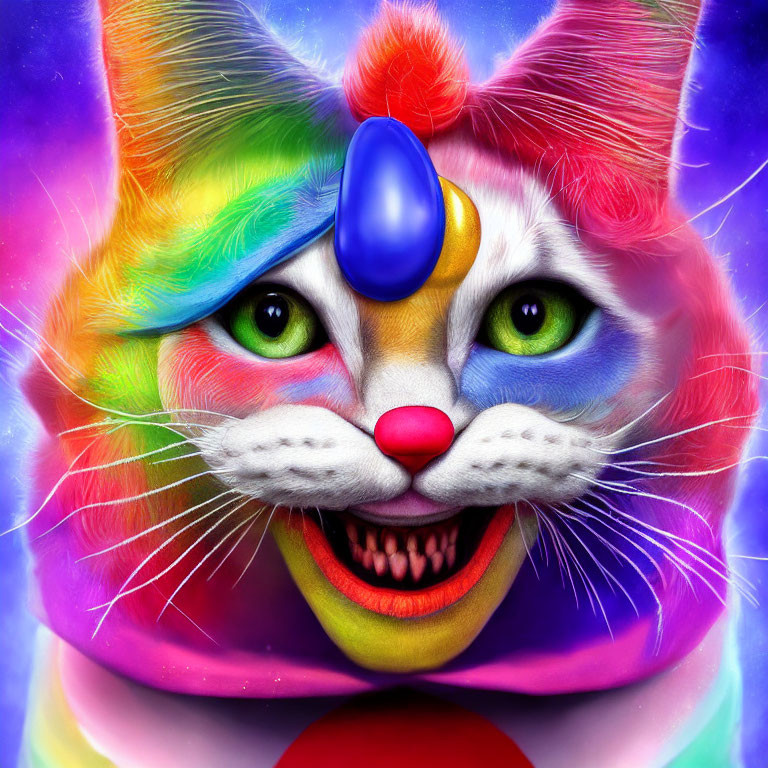 Whimsical multicolored cat with jester's hat on vibrant background