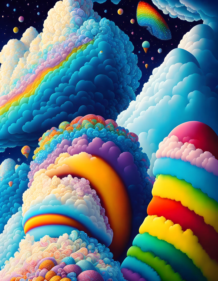 Colorful surrealistic artwork: Multicolored clouds and rainbow elements in cosmic dreamscape