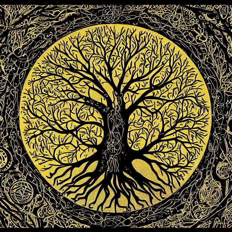 Detailed Tree of Life Illustration with Roots on Black Background