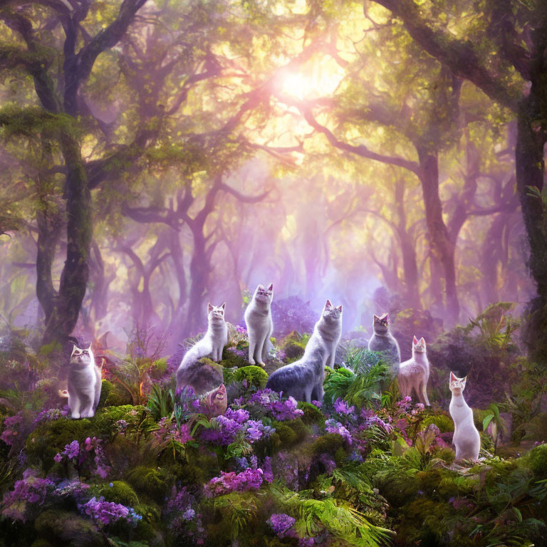 Mystical forest scene with purple foliage and white cats around a blue flame