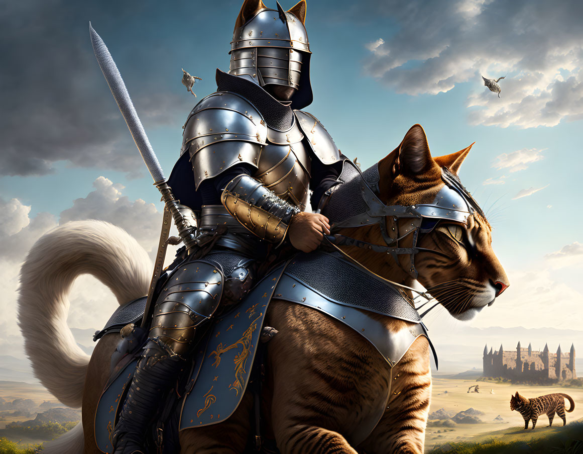 Armored knight on giant cat in serene landscape with castles