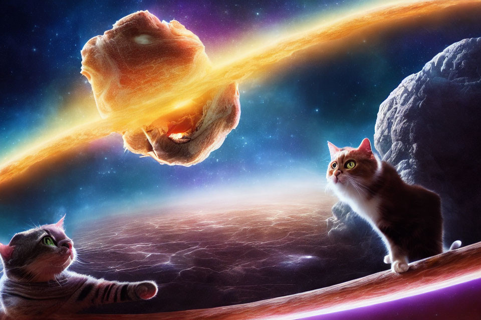 Two Cats on Celestial Body Watching Colorful Cosmic Scene