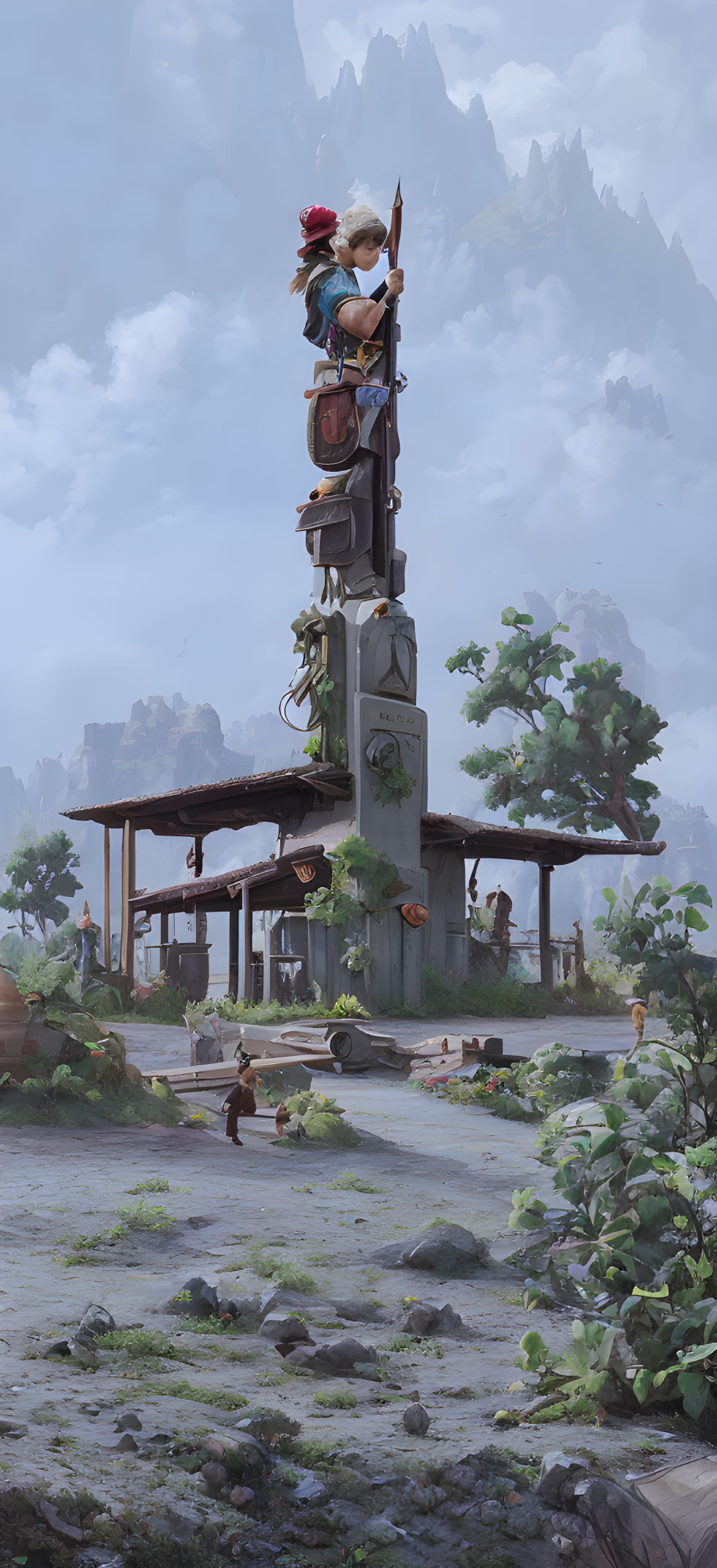 Character on rustic signpost in tranquil village with mountains