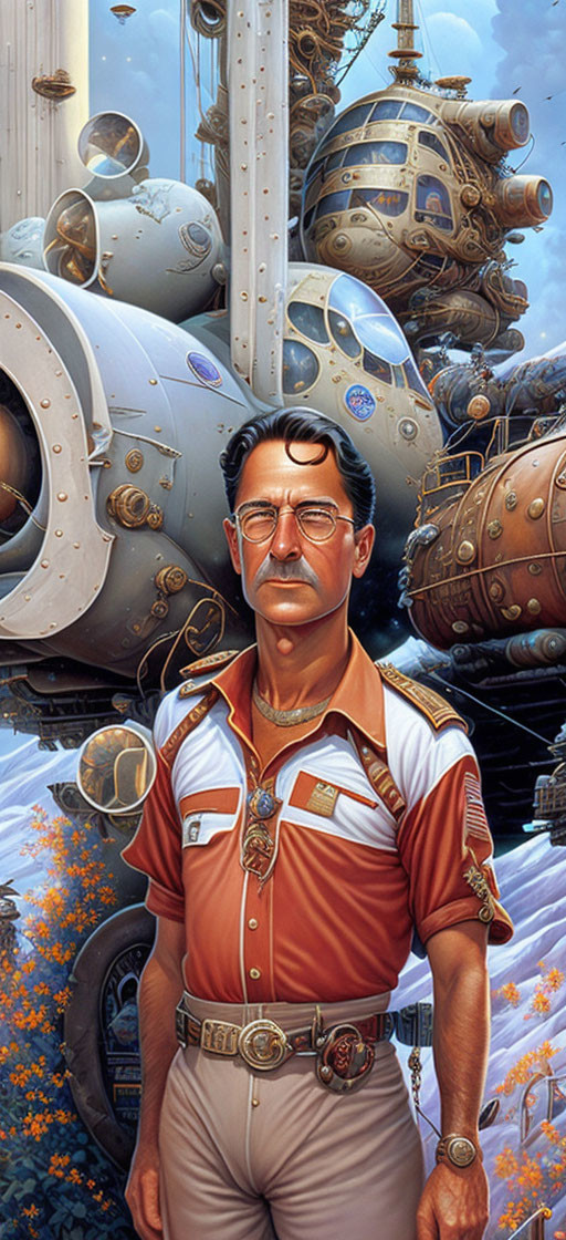 Man in retro-futuristic setting with steampunk airships.