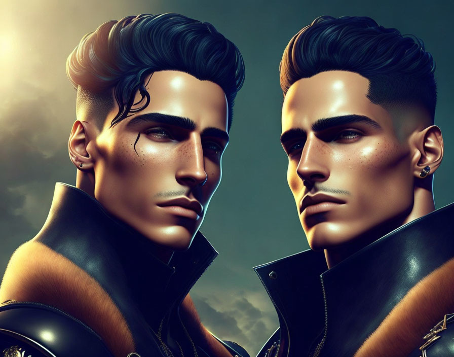 Stylized male figures in leather jackets against dusk sky.