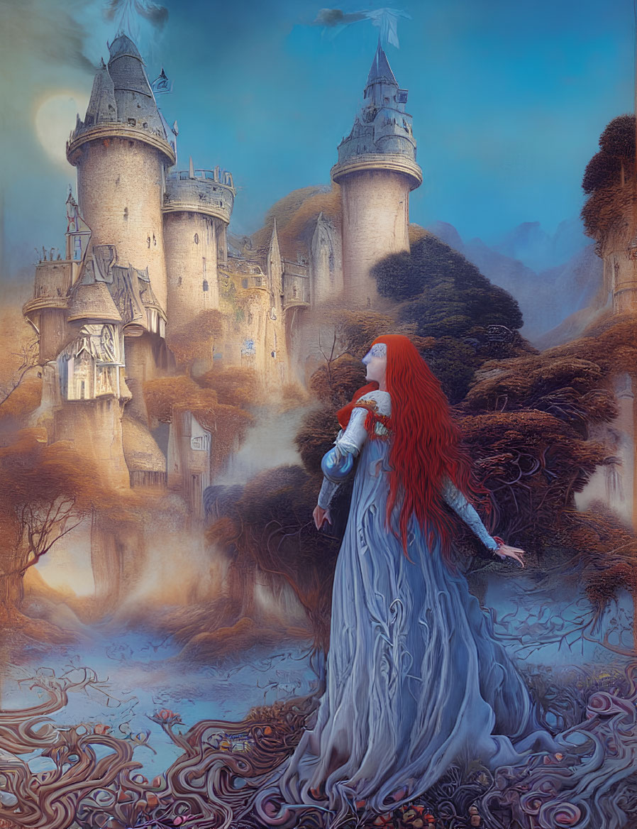 Red-haired woman in blue gown by enchanted castle at twilight