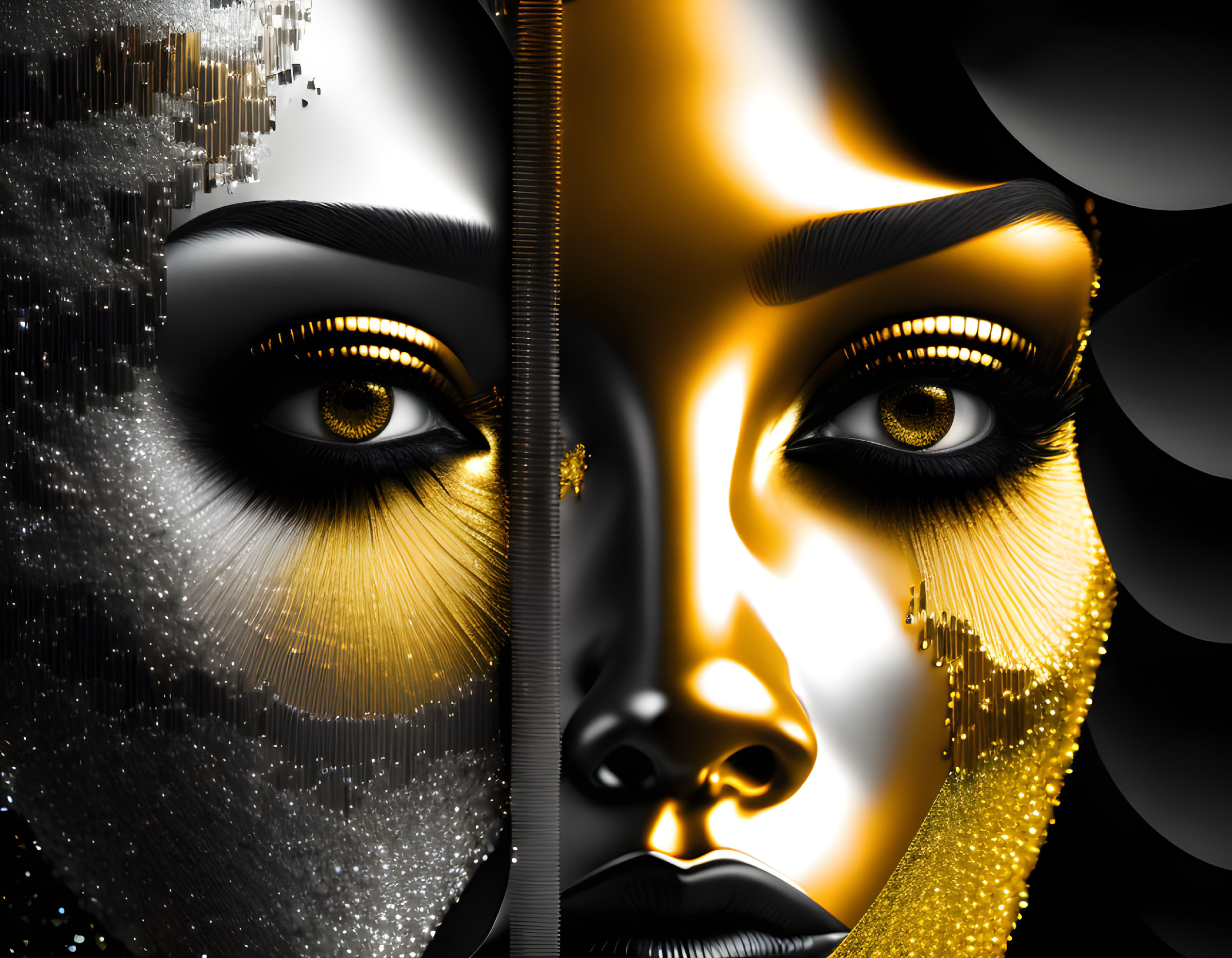 Symmetrical dual-faced portrait in golden and grayscale with intricate patterns.