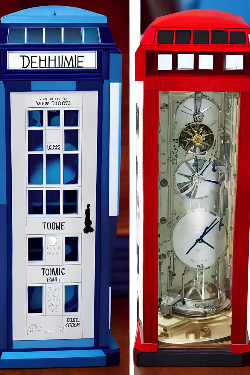 Blue Police Box and Red Clock Mechanism Booths Comparison