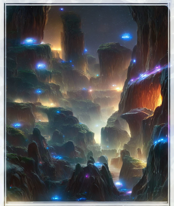 Mystical illuminated cavern with glowing flora and towering rock formations