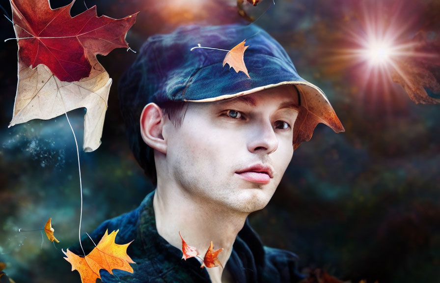 Man in Cap with Autumn Leaves and Sunlight Background