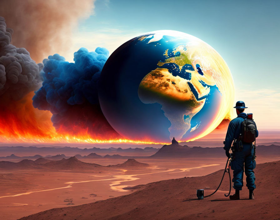 Figure in spacesuit gazes at giant burning Earth on desert terrain