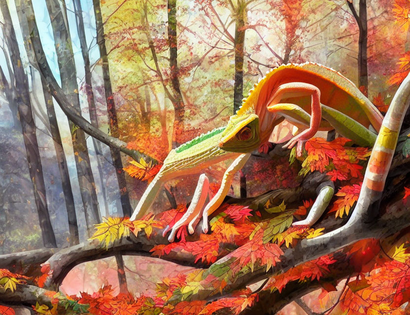 Colorful Chameleon on Branch in Autumn Forest